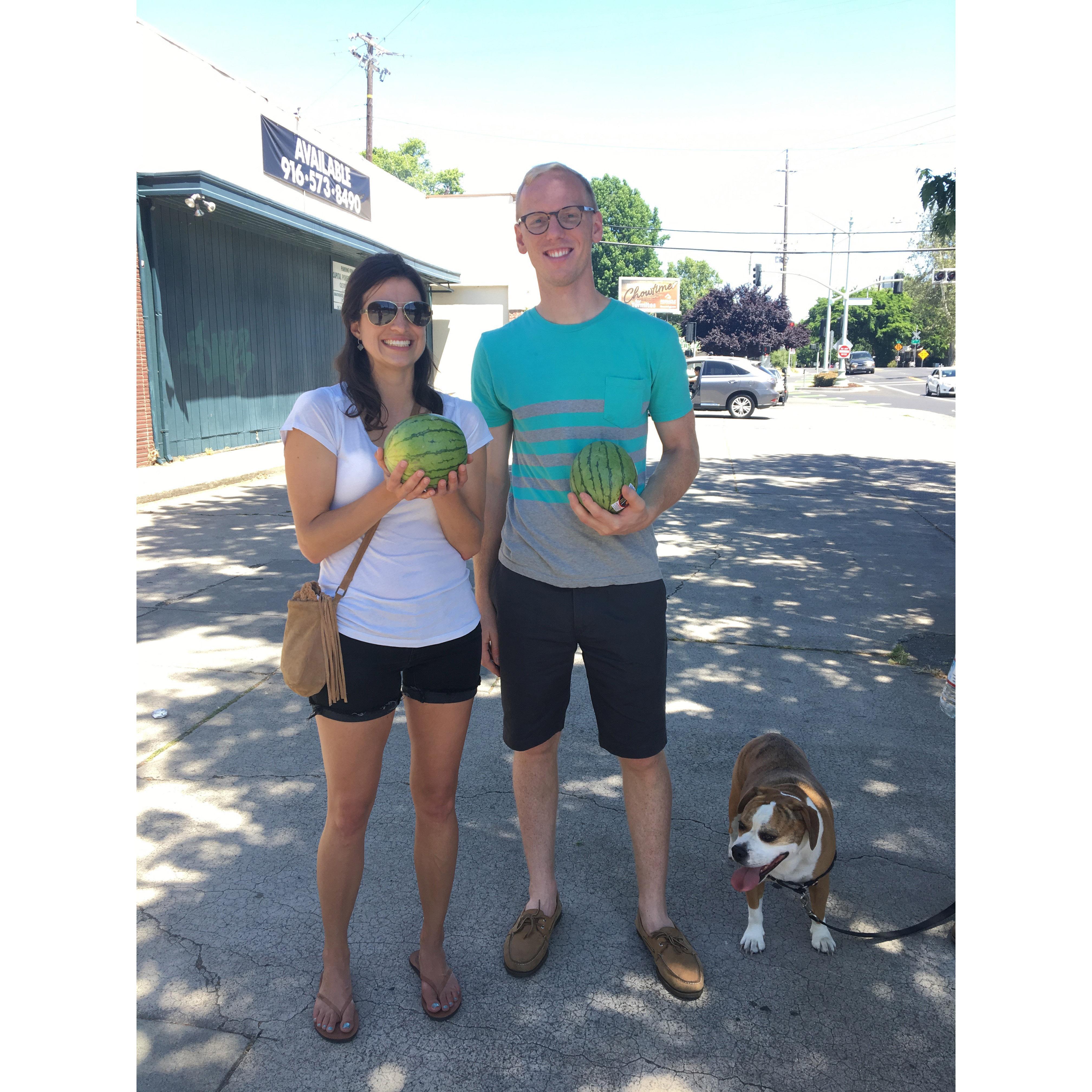 One of our first weekends of the summer together. We spent forever making juice out of these melons and got every surface in the kitchen sticky. (Plus Rue the dog, who wishes she was marrying Alex!)