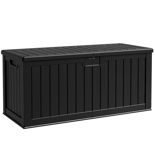 Flamaker Resin Deck Box 250 Gallon, Waterproof Imitation-Wood Lockable Storage Box with Separator Plate Outdoor Indoor, Garden, Patio Furniture for Tools&Pool Accessories (Black)