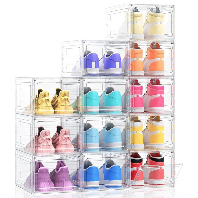 Kitsure Thicker & Sturdier Shoe Boxes - 12 Pack White Clear Plastic Foldable Storage Organizer with Magnetic Door, Reinforced Heavy-Duty Design for Sneakers, Toiletries & Accessories, 13.2"x9.8"x7.3"