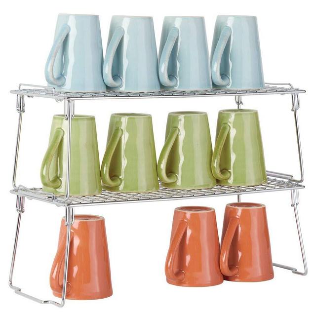 mDesign Metal Stackable Storage Shelf - 2 Tier Raised Food and Kitchen Organizer for Cabinets, Pantry Shelves, Countertops, Closet - 2 Pack, 7" x 17.3" x 6.5" - Chrome