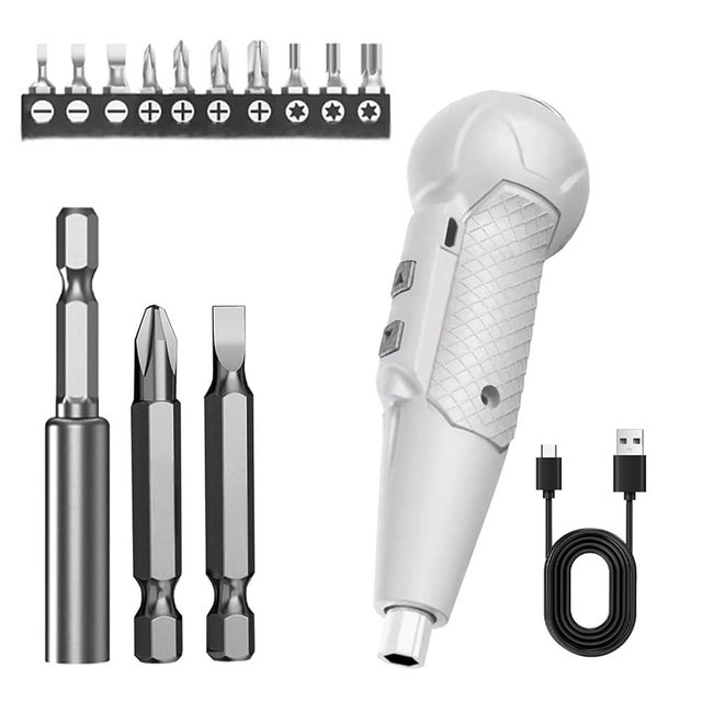 3.7V Cordless Electric Screwdriver Rechargeable portable Mini Rotary Home Gadget，Automatic Manual all in one with LED Light and USB- Type C Charging Cable White