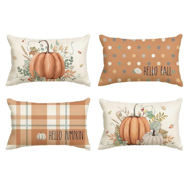 AVOIN colorlife Hello Fall Hello Pumpkin Throw Pillow Covers, 12 x 20 Inch Autumn Thanksgiving Harvest Orange Eucalyptus Decorations for Sofa Couch Set of 4
