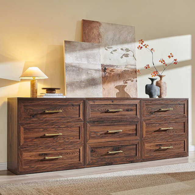 ACCOHOHO Modular Dresser with 9 Drawers, 93" Wide Chest of Drawers, Wood Storage Dresser TV Stand for Bedroom, Living Room, Brown