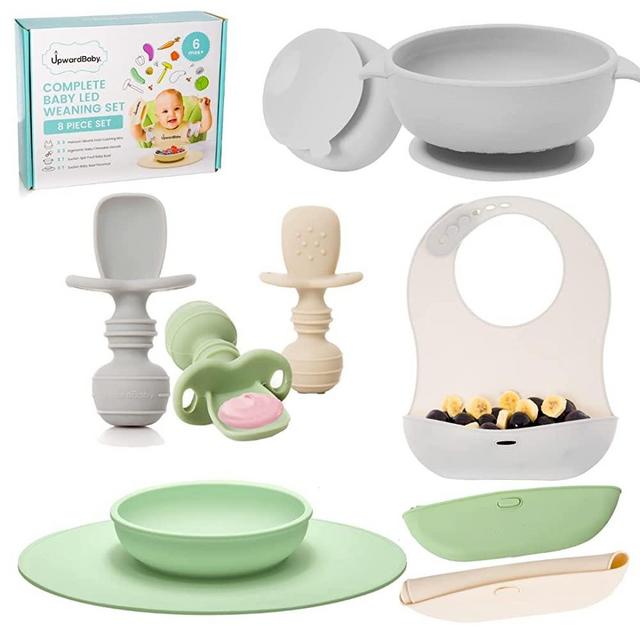 Baby Feeding Supplies - Upward Baby Led Weaning Utensils Set - Silicone Suction Baby Bowl with Spoons Bibs and Plate Placemat - Dishwasher Safe