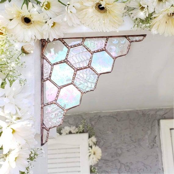 Clear Crystalized Honeycomb, honey bees, corner piece, elegant, home decor, wedding decor, stained glass, nature lover, honey bees, bee, xo
