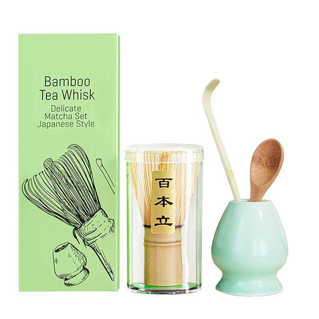 Matcha whisk set - 4pcs - Includes Bamboo Matcha whisk, scoop,spoon,Matcha Whisk Holder. Essential matcha whisk set for a traditional tea ceremony and daily use