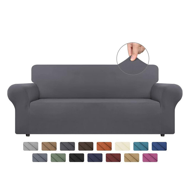 AZON Stretch Spandex Couch Cover,Soft Washable 1 Piece Sofa Slipcover for 3 Cushion with Elastic Furniture Protector for Pets, Kids(Large,Dark Grey)