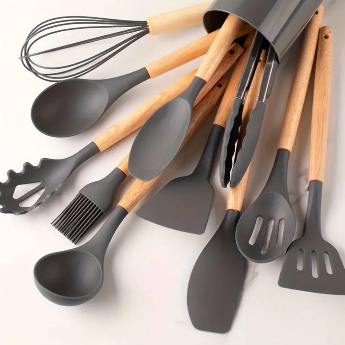 Minimalist Silicone and Wood Utensil 12 Piece Set