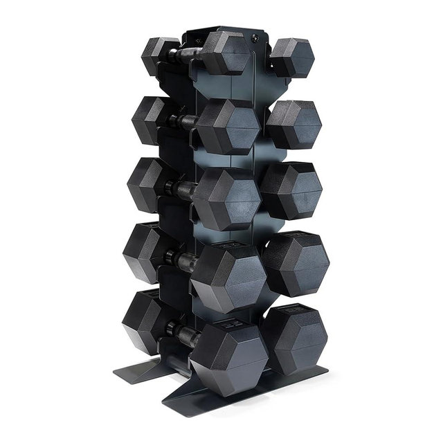 CAP Barbell Dumbbell Set with Rack, Rubber Coated Hex Free Weight Set | 100–300 lb Options, Vertical Space-Saving Storage for Home Gym Strength Training