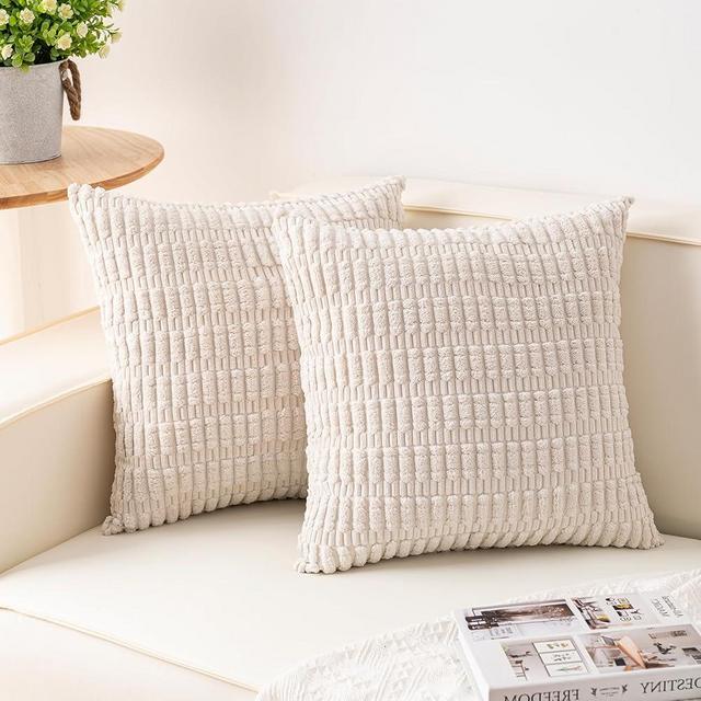 Aegero Pack of 2 Corduroy Decorative Throw Pillow Covers 18x18 InchSoft Boho Striped Pillow Covers Modern Farmhouse Home Decor for Sofa Living Room Couch Bed（Cream White）