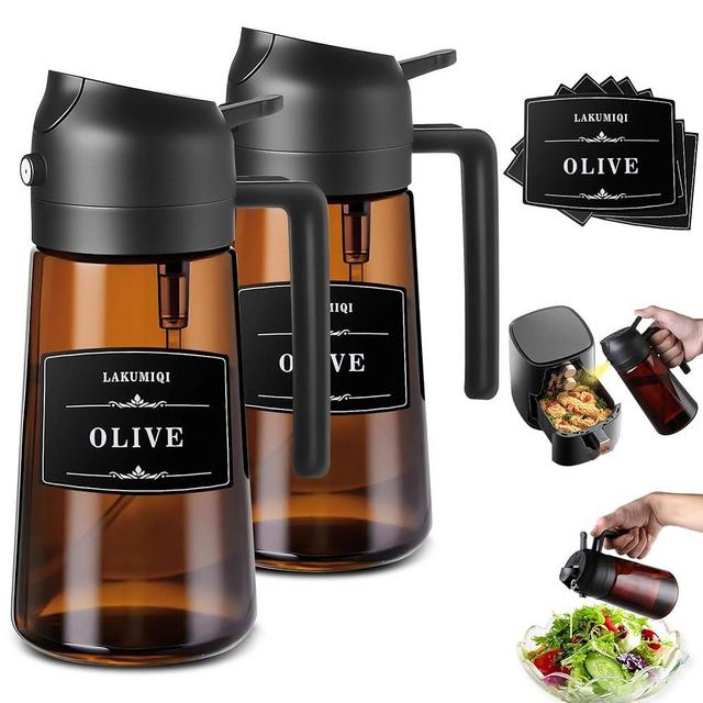 LAKUMIQI 2-in-1 Glass Oil Dispenser & Sprayer - 16oz/470ml Leakproof Bottle for Cooking, Air Fryer, BBQ, Baking, Salad (Light-Blockage Black 2PC)