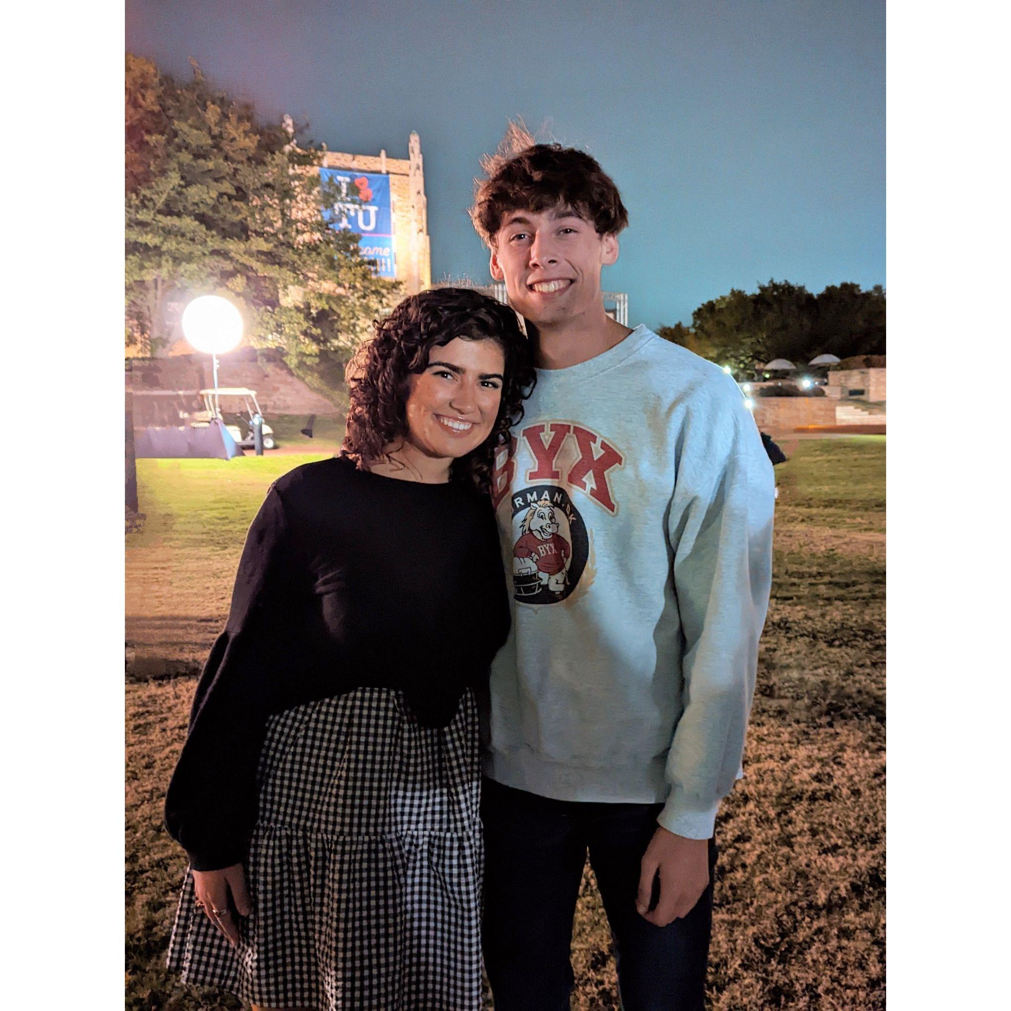 Senior year Homecoming Bonfire at TU! (LG stole the BYX sweatshirt soon after!)