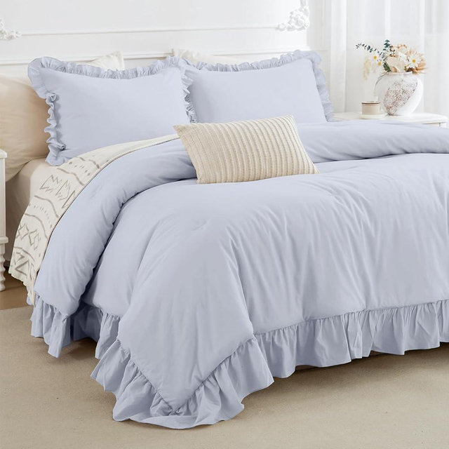 CozyTide Ruffled Comforter Set for Queen Bed,Cotton Farmhouse Shabby Boho Chic Bedding Set Lightweight Ultra Soft French Country Vintage Bedding (1 Cornflower Blue Comforter +2 Pillowcases)