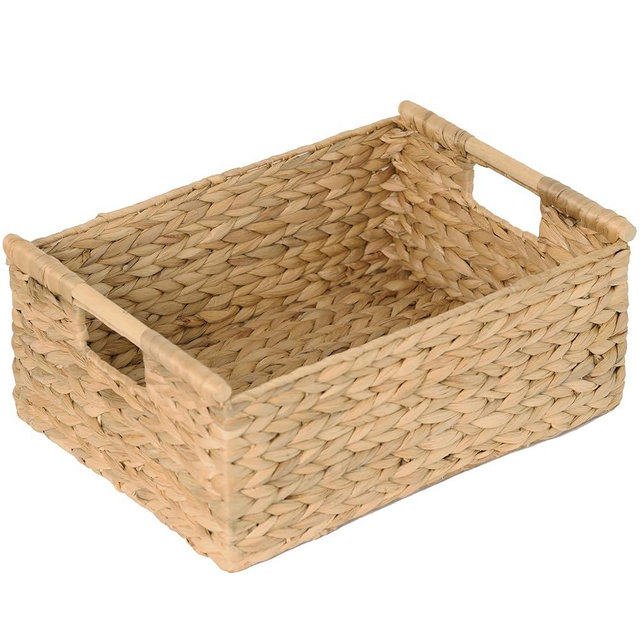 VATIMA Extra Large Wicker Basket Rectangular with Wooden Handles for Shelves, Water Hyacinth Basket Storage, Natural Baskets for Organizing, Wicker Baskets for Storage 16.7"x12.4"x7"