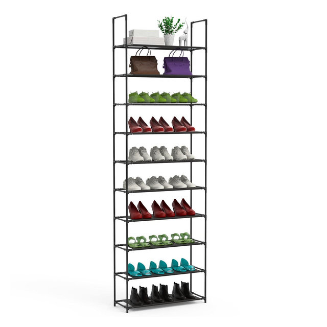 NewHome"10-Tier Tall Shoe Rack Organizer, Space-Saving Vertical Shelf for 25-30 Pairs, Non-Woven Fabric"Black
