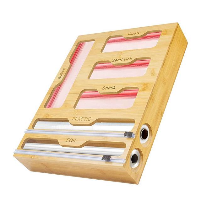 Kumebon Ziplock Bag Storage Organizer And Plastic Wrap Dispenser With Cutter, 6 In 1 Bamboo Ziplock Bag Organizer For Drawer&Aluminum Foil Dispenser, Compatible With Ziplock Gallon, Quart, Sandwich, Snack