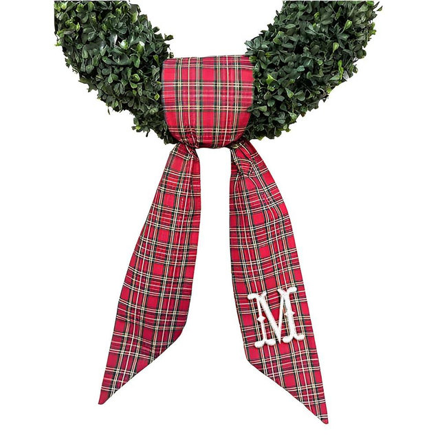 Monogram Wreath Sash for Front Door, Red Embroidered Linen Wreath Sash, Porch Accessory for Xmas Party Yard, Wedding, and Boxwood Decoration, Indoor Outdoor Décor - (M)