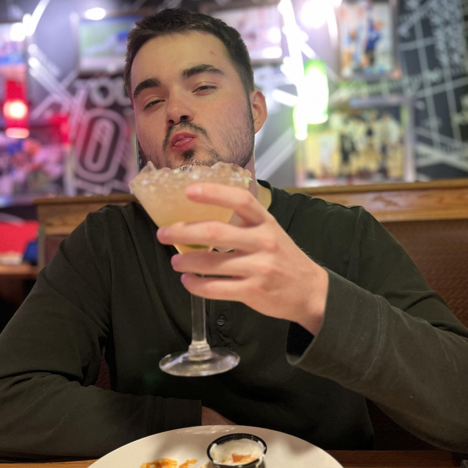Us at Applebee's, all of the ice from the margarita shaker fell in his cup he then says, " I like my margaritas on the rocks". He might not like that I'm putting this photo here so you better enjoy it.