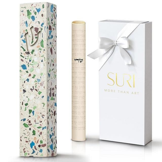 SURI Concrete Mezuzah for Door - Self-Stick Modern Mezuzah Case with Non Kosher Scroll & Gift Box | Terrazzo Cream & Turquoise, 4 inch & 5 inch Mezuzah with Scroll for Door | Judaica
