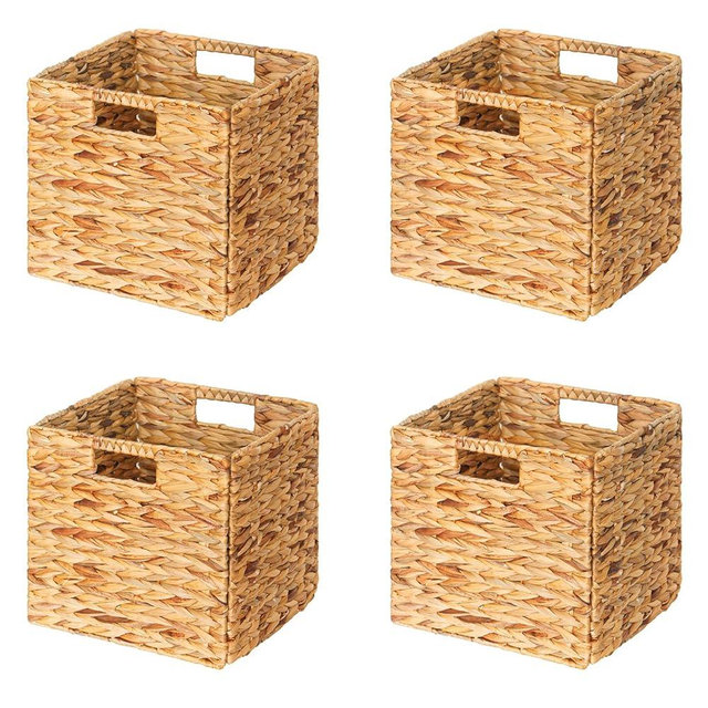 SpaceAid 4 Pack Wicker Basket, Storage Baskets for Organizing, Woven Rattan Basket with Handles for Shelves, Water Hyacinth Large Cube Organizer Storage Bin, 12x12x12 inch, Natural