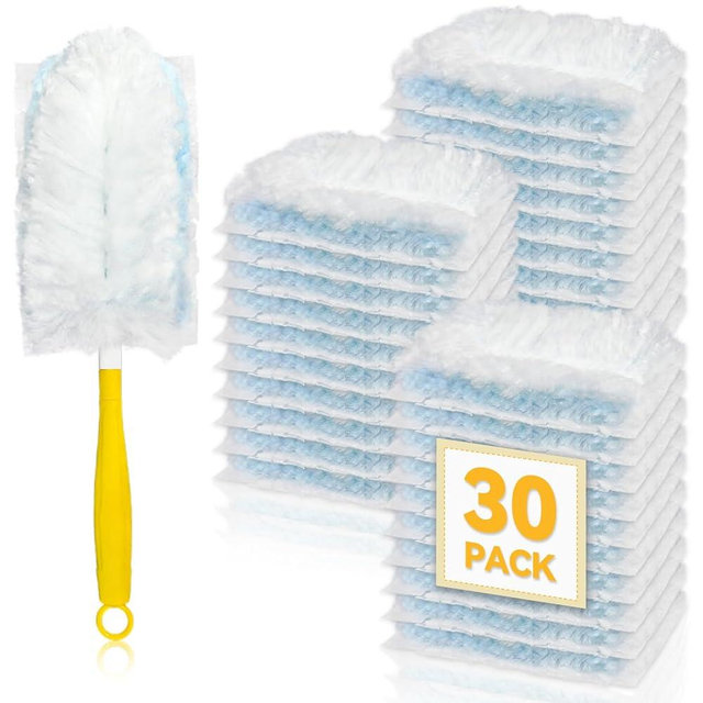 30 Pack Dusters Refills Compatible with Swiffer Duster Handle Models, 180° One Sided Duster Refills for Short and Extendable Handles, with 1 Pack Handle