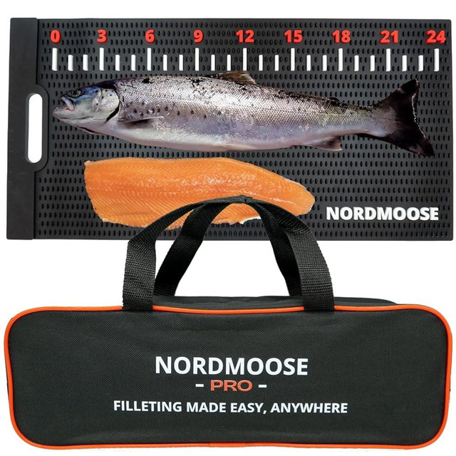 Nordmoose Fish Fillet Mat with Storage Bag and Fish Ruler Decal. Large 28""x14"" Nonslip Fish Cleaning Mat that Grips the Fish - Durable & Easy to Clean, Portable Fish Cutting Board, Black