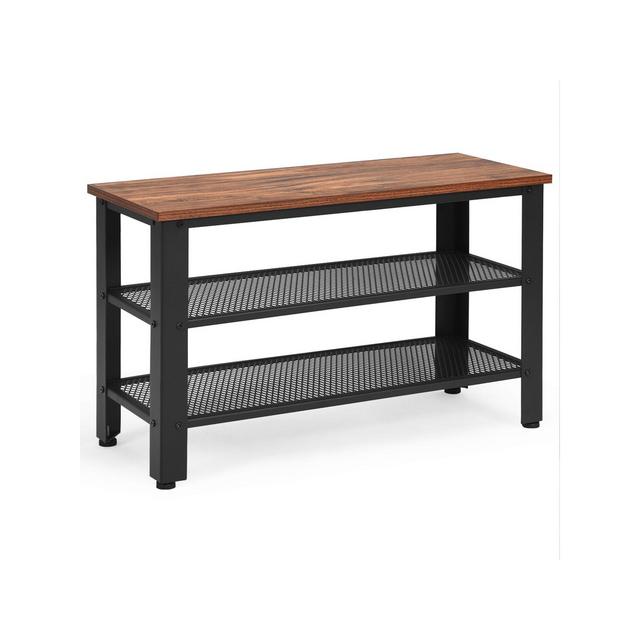 3-Tier Shoe Rack，Industrial Shoe Bench with Storage Shelves for LivingRoom Brown