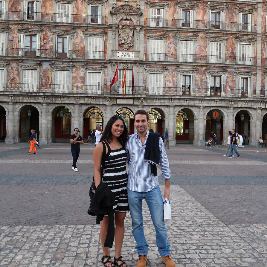 Our first photo together! Plaza Mayor, Madrid, España