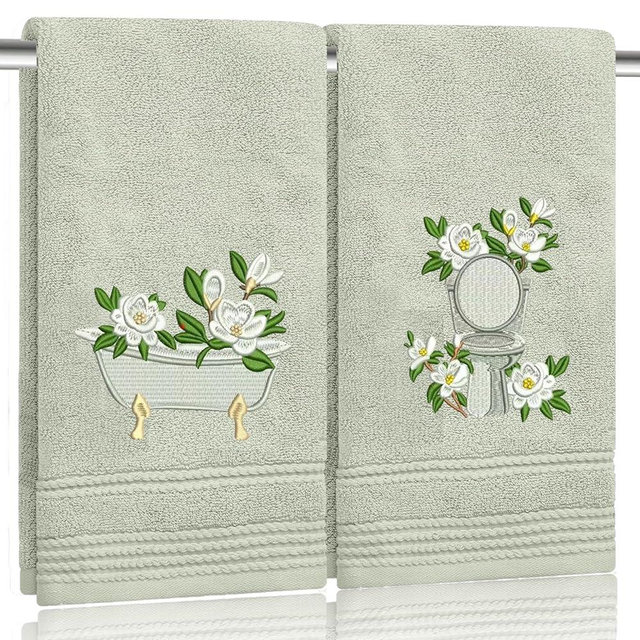 2pcs Sage Green Magnolia Hand Towels for Bathroom Decorative Towels Set 100% Cotton cute Embroidered Spring summer floral bath towels dish kitchen towels Farmhouse Bathroom Decor Gift(Green Magnolia)