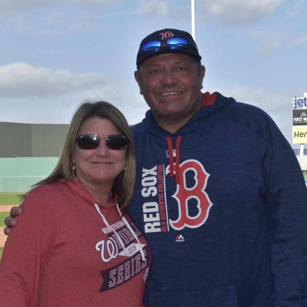 On the field taking pictures after game at Red Sox fantasy camp  (photo cred:  Kathryn Nixon ❤️)