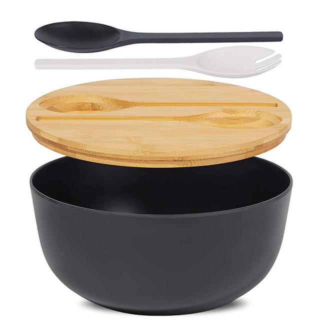 Large Salad Serving Bowl with Lid and Tongs, Bamboo Fiber Salad Bowl Set for Salad,Fruit,Vegetables to Replace Wooden Bowls(Matte Black)
