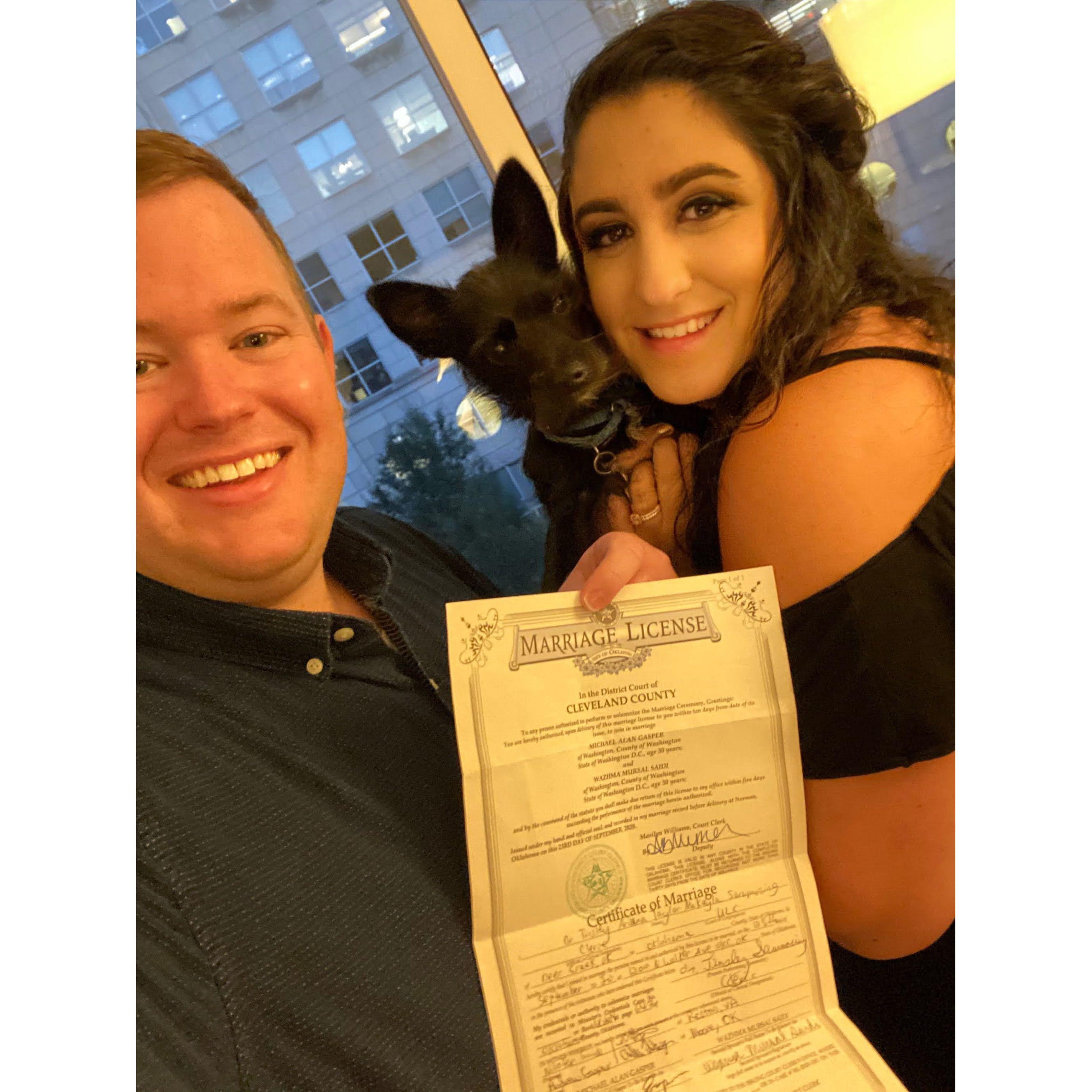 Our wedding license and our Tater pup!