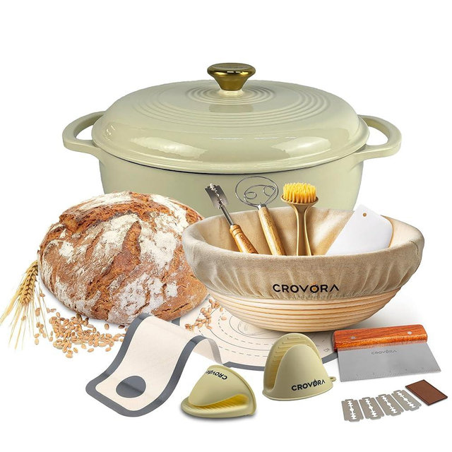 Crovora 6 QT Enameled Cast Iron Dutch Oven for Bread Baking with Lid - Incl. Sourdough Bread Baking Supplies like Banneton Bread Proofing Basket, Cast Iron Bread Oven, Bread Pan, bread making tools (Cream White, 6 Quart)