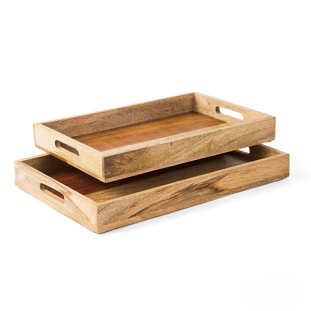 Mela Artisans Handcrafted Wooden Serving Tray, Natural | Set of 2 15x10x1.75 and 13x9x1.75 | Decorative Mango Wood | Serve Breakfast, Other Foods, Coffee and Tea | Nadi Rectangular Design