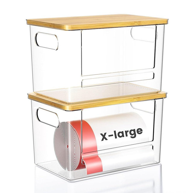 Trash Bag Dispenser 2-Pack, Stackable Trash Bag Holder with Bamboo Lid – Clear Plastic Garbage Bag Organizer for 13/30/33 Gal Bags, Space-Saving Under Sink Organizer for Kitchen, Laundry, Pantry