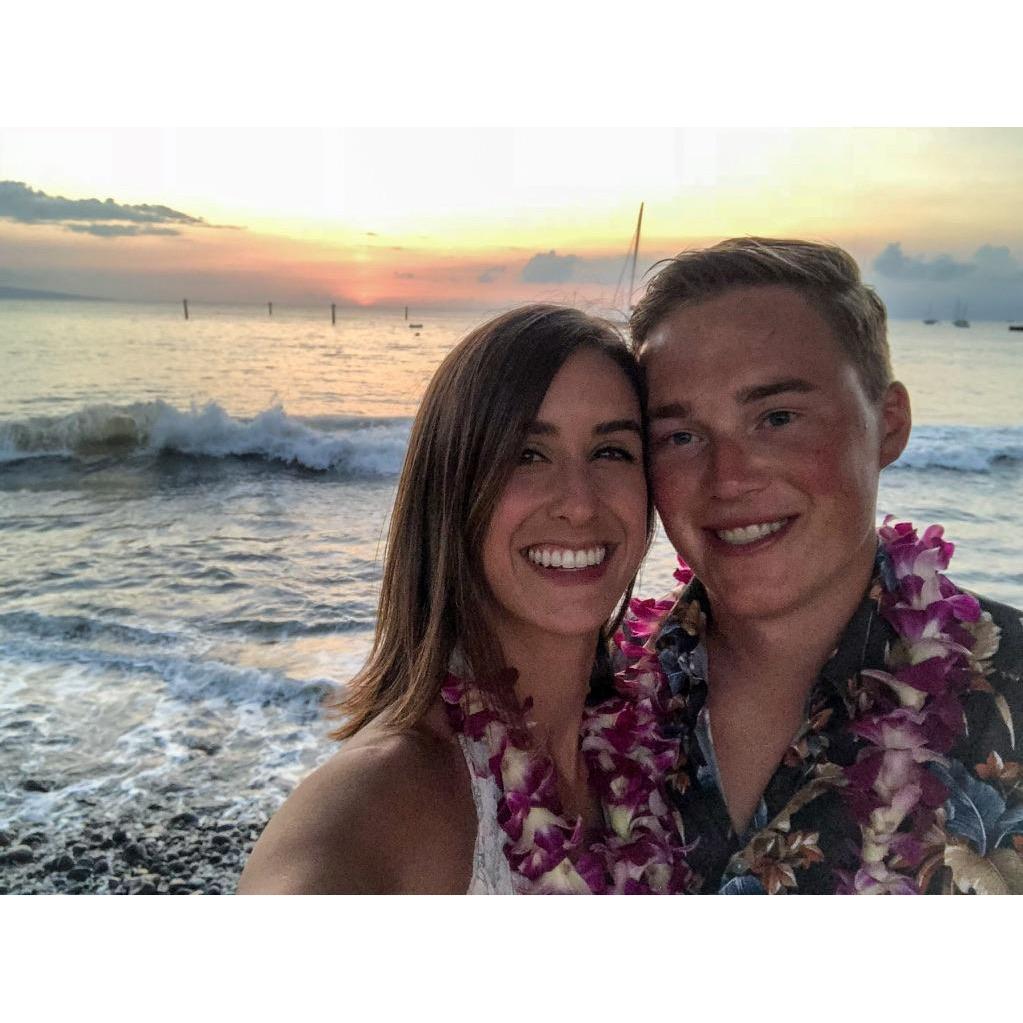At a luau on Brandon's celebratory Hawaii vacation