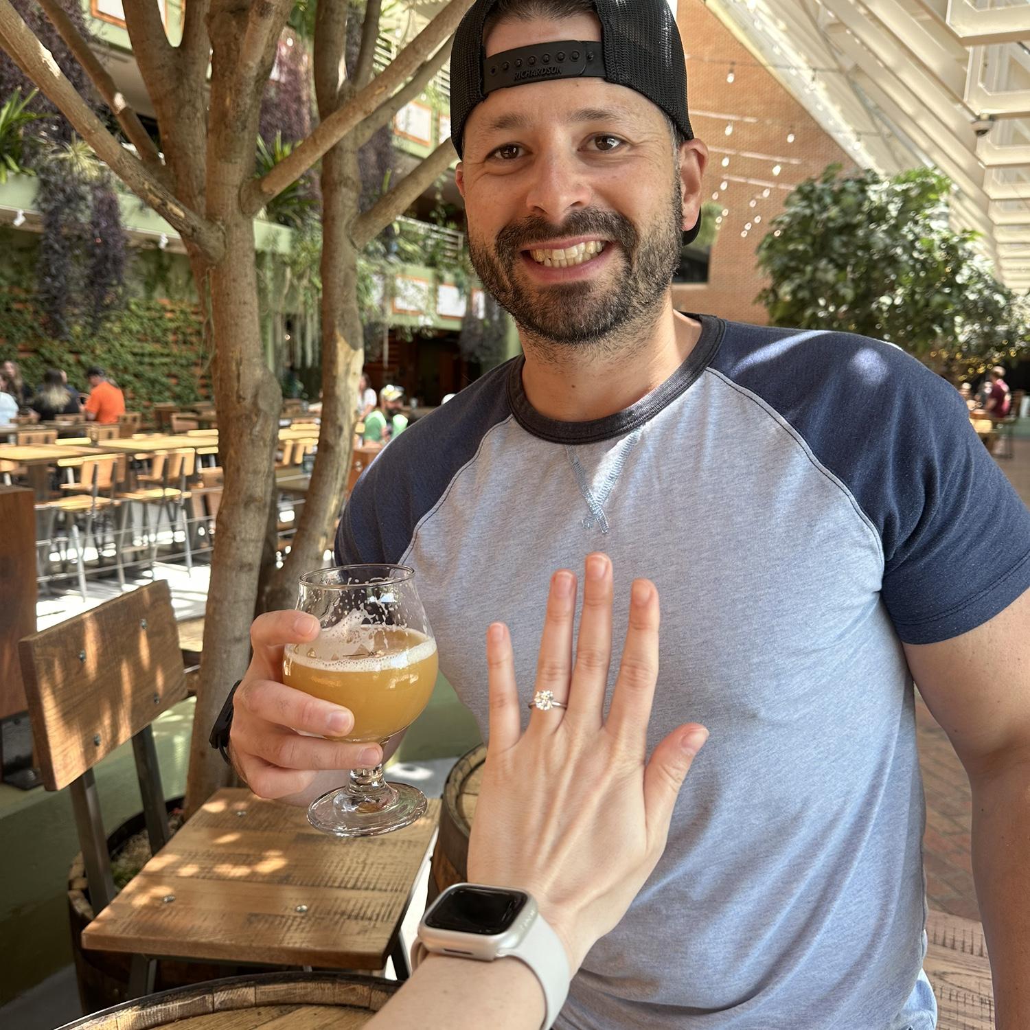 Celebrating our engagement with a stop on the way home at Tree House Brewery in Deerfield, Massachusetts!