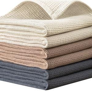 Dish Towels Set, 100% Cotton Waffle Weave Kitchen Towels 6 Pack, 17 x 25 Inches, Super Absorbent for Drying and Cleaning, Beige, Brown, Dark Grey