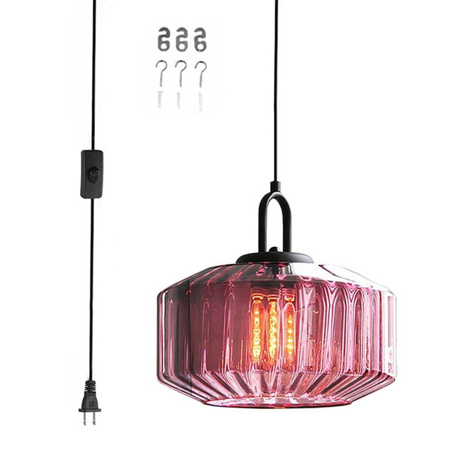 Qufute Plug in Hanging Light Glass Globe Pendant Light Plug in Mid Century Modern Pendant Light Fixture with 14.7 ft Cord Purple Striped Glass Shade for Living Dining Room Farmhouse Kitchen