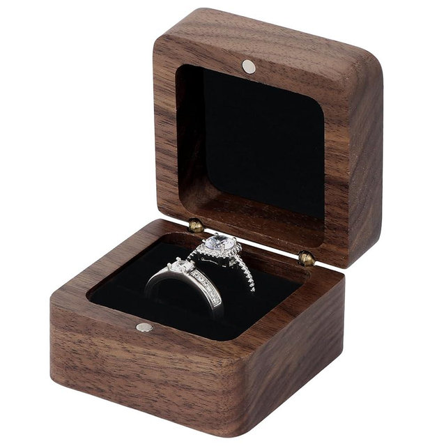 Wooden Ring Box, 2 Slot Mini Engagement Ring Holder Box, Small Square Solid Walnut Wood Vintage Ring Bearer Case Box, Rustic Jewelry Gift Storage Box for Wedding, Proposal, Bridal Photo, Anniversary
