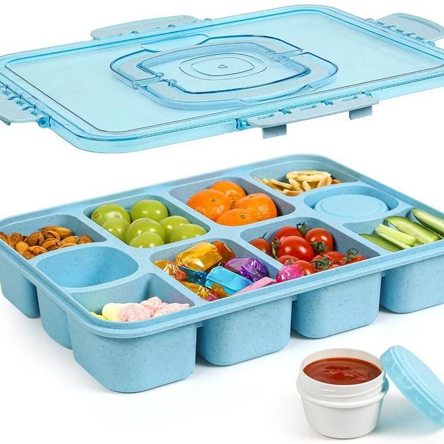 Caperci Snackle Box Container - Large 10 Compartments Divided Serving Tray with Lid and Handle, Built-in 2 Dip Containers, Dishwasher Safe, Leak-Proof, Wheat Straw, BPA-Free (Blue)