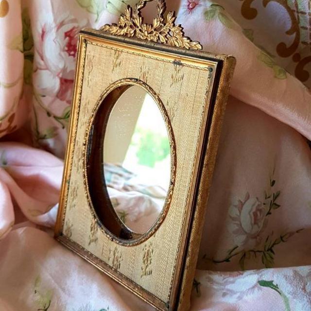 Charming Timeworn 19thC Antique French Napoleon III Gilt Ormolu Ribbon Bow Mirror / Photo Frame,Classic French Fabric Ground