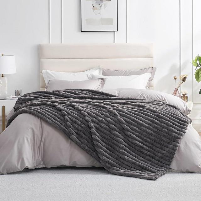 Amélie Home Faux Fur Throw Blanket for Couch, Rabbit Fur Warm Luxurious Soft Striped Cozy Fluffy Plush Gift Blankets for Family Sofa Chair Bed Living Room,Charcoal Grey,60 x 80 inch