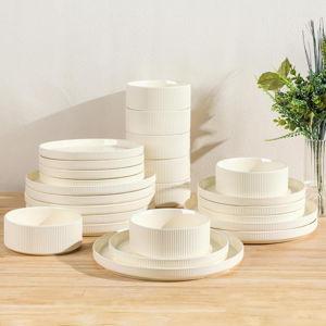 Ceramic Dinnerware Sets for 8, 24 Pieces Porcelain Lightweight Plates and Bowls Sets, Scratch Resistant Dish Set, Oven & Microwave & Dishwasher Safe, Beige