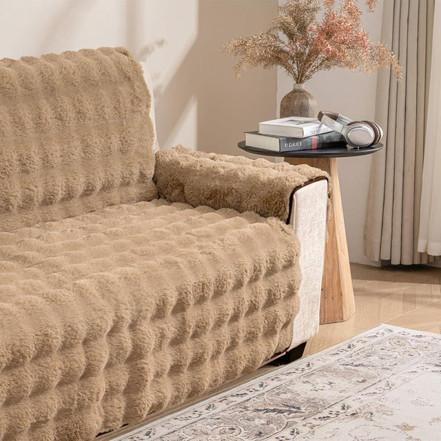 Snugglesinto Plush and Fuzzy Shaggy Couch Cover, Faux Fur Sofa Cover, Water Resistant Slipcover, Non-Slip Furniture Protector for Kids,Dogs,Cats.(Lightbrown-Bubble, Large Sofa)