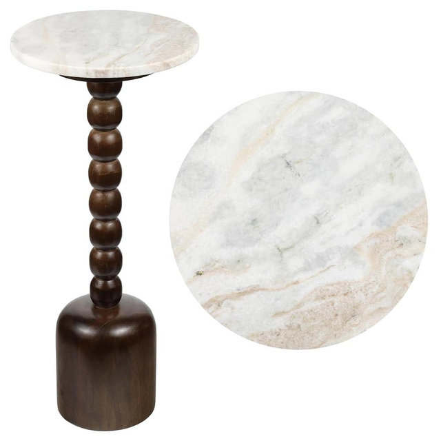 JONATHAN Y END3002C Turner 24.5" Designer Cottage Spindle Wood Column Drink Table and Decorative End Table with White/Beige Marble Round Top for Living Room, Bedroom, Office, Bathroom, Dark Brown