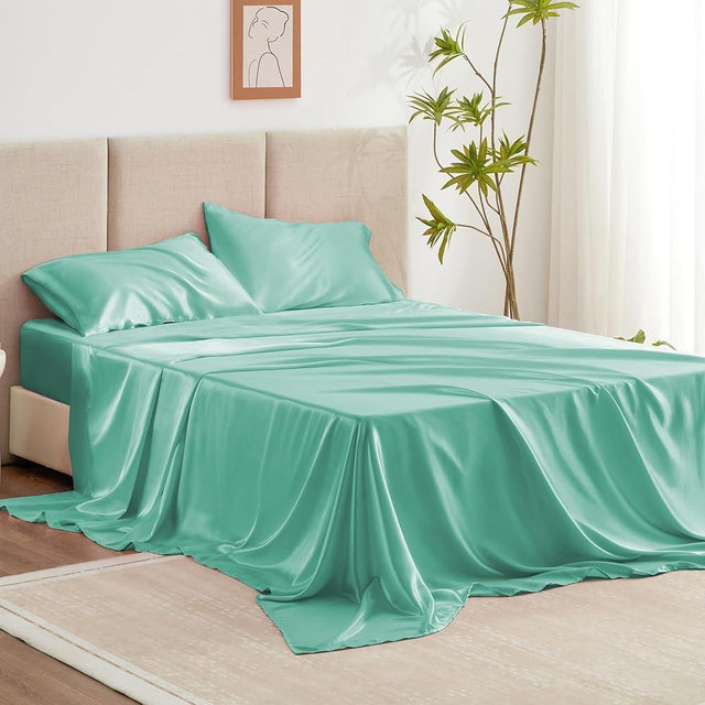 Love's cabin Satin Queen Sheets Set - 4 Piece Aqua Silky Satin Bed Sheets Queen Set with Deep Pocket, Luxury Silk Feel Satin Queen Size Sheet Set (1 Flat Sheet,1 Fitted Sheet,2 Pillow cases)