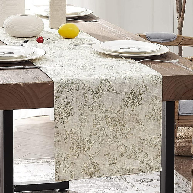 jinchan Kitchen Table Runner Table Cloth Linen Table Runners 72 Inch Floral Decorative Burlap Table Runner Botanic Printed Design Rustic Handcrafted Flax Coffee Table Decor 1 Panel Sage on Beige