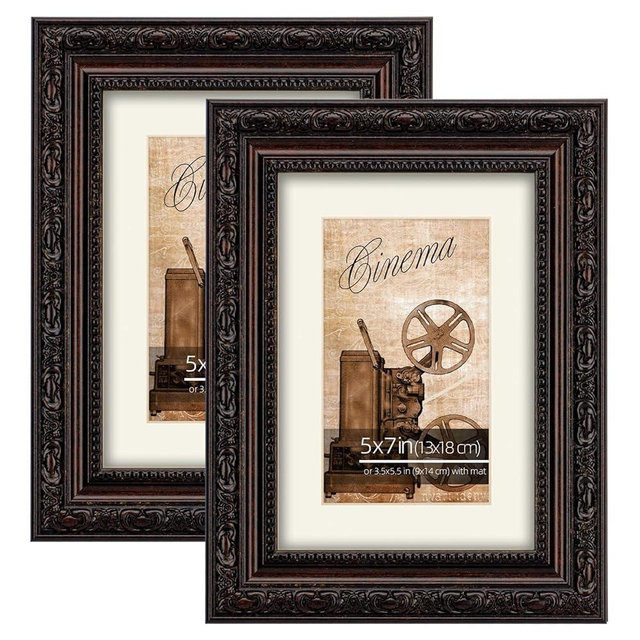 WYNCO 5x7 2-Pack Antique Dark Brown Scrollwork Ornate Classic Picture Frame, Matted for 3.5x5.5 inches Photos, Real Glass Protection