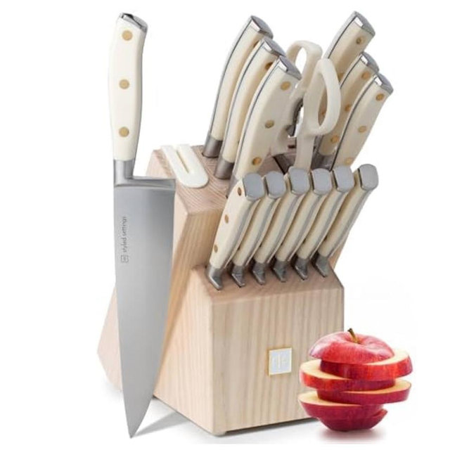 Styled Settings White Knife Set with Block and Sharpener – 14-Piece Ultra-Sharp High Carbon Stainless Steel Knives with Gold Triple Rivet White Handles and Ashwood Knife Block